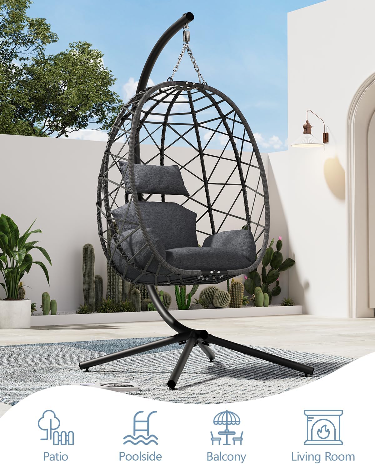 SWITTE Egg Swing Chair with Stand, Outdoor Patio Hanging Egg Chair, Indoor Hammock Chair with Cushion for Garden Backyard, 400LBS Capacity-Dark Grey-VerdiqueGarden