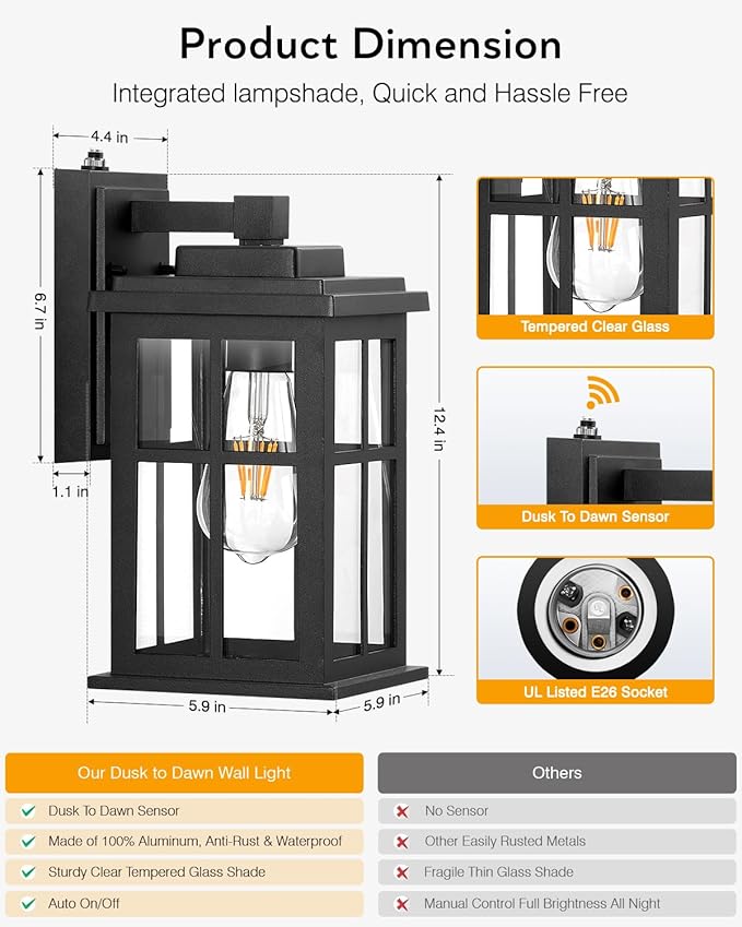 Dusk to Dawn Outdoor Lights for House, 2 Pack Outdoor Light Fixture, Black Exterior Lighting Fixtures, Dusk to Dawn Outdoor Lighting for House, Porch, Garage, Doorway, Anti-Rust, Waterproof-VerdiqueGarden