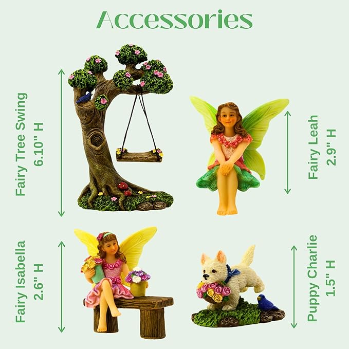 Fairy Garden Accessories Outdoor - Fairy Garden Kit with Fairies for Fairy Garden - Miniatures for an Outdoor Garden, a Fairy Tree Swing, Figurines & Puppy-VerdiqueGarden