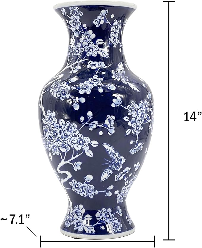 Galt International Dark Blue Floral Chinoiserie Ceramic Vase 14"- Hand Painted Antique Style Porcelain Butterfly & Flower Bottle Fishtail Porcelain Chinese Vase for Home Decor Centerpiece-VerdiqueGarden