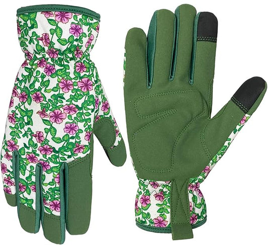 Gardening Gloves for Women, Garden Gloves with Touch Screen, Thorn Proof Puncture Resistant Working Gloves, Gardening Gifts for Women (Green with purple flowers, Medium)-VerdiqueGarden
