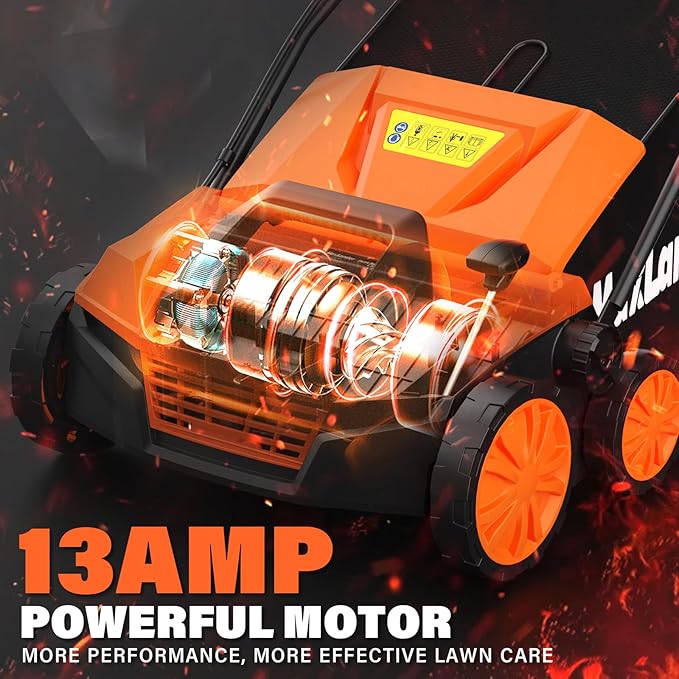 MAXLANDER 15” 13 Amp Electric Dethatcher and Scarifier, 2-in-1 Lawn Dethatcher with 5-Position Depth Adjustment, 45L Removable Collection Bag, Airboost Technology Increases Lawn Health-VerdiqueGarden