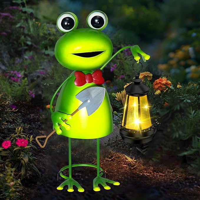 Solar Garden Lights Frog Statue with Solar Lantern lights,13.78in Frog Decoration Fairy Accessories,Birthday Gifts for Women Mom Grandma,Big Metal Decorative Stakes for Home decor,Patio,Porch,Yard Art-VerdiqueGarden