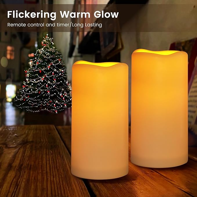 Large Outdoor Waterproof Flameless Candles with Remote Control,D3'' x H5.5'' Battery Operated Flickering LED Pillar Candle Plastic for Outdoor/Indoor Decoration Wedding, Party, Birthday (2PACK)-VerdiqueGarden