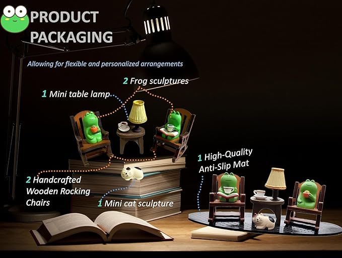 7 Pcs Cute Frog Rocking Chair Set with Miniature Frog Figurines, Mini cat, and Whimsical Trinkets - Versatile Decor for Office, Home, Yard, Patio, and Lawn-VerdiqueGarden