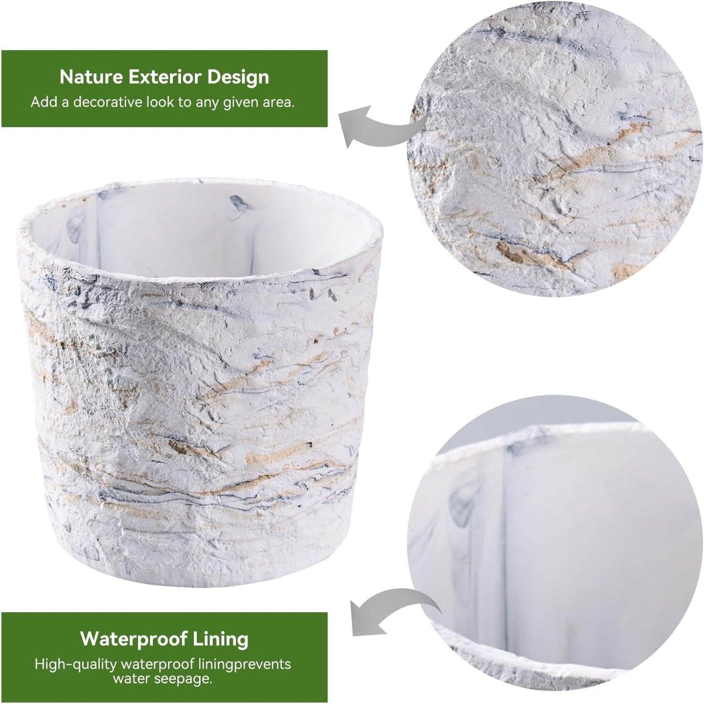 Ekirlin 7 Inch Natural Ore Textures Plant Pot, Resin Outdoor Planters with Drainage Hole, Removable Rubber Stopper and Non-Slip Soft Pad,Weatherproof Decorative Pot for Indoor/Garden Plants-VerdiqueGarden