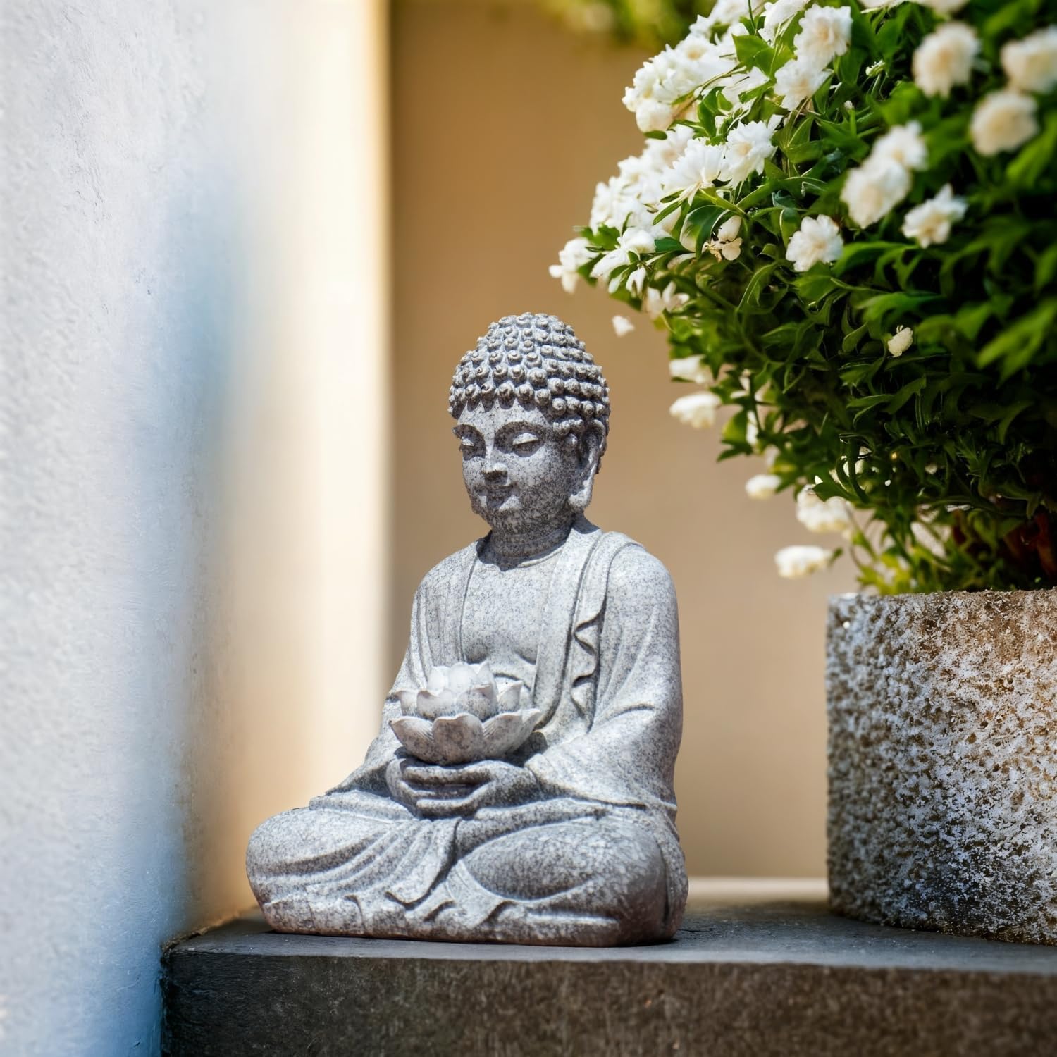 Buddha Lotus Statue with Solar Lights, Resin LED Figurine for Garden Decor – Unique Gift for Women and Friends(Grey Buddha)-VerdiqueGarden
