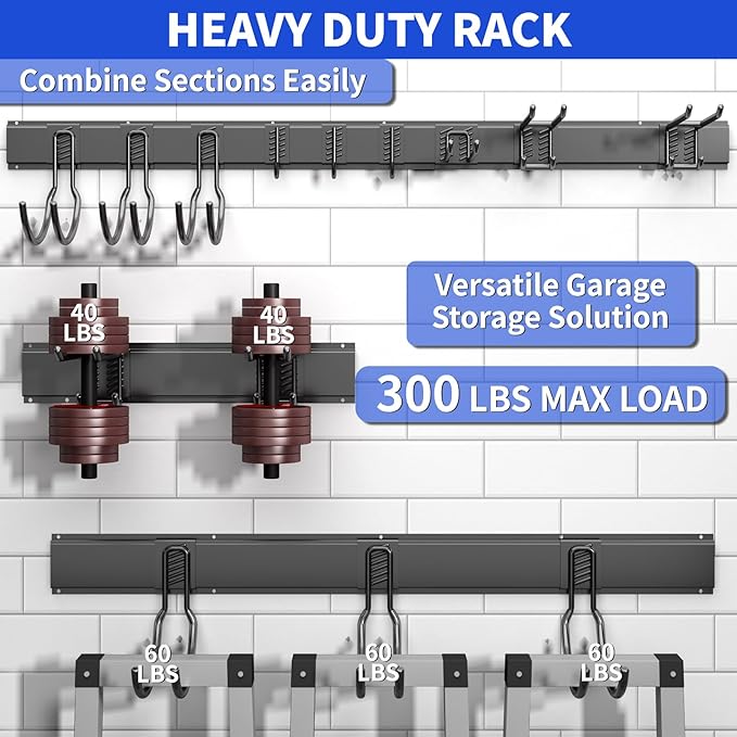 Garage Organization Tool Organizer Wall Mount, 64inch Heavy Duty Garden Tool Organizer Storage System, Easy Install with 10 Adjustable Hooks, for Garage, Basement, Shed, Workshop(Black)-VerdiqueGarden