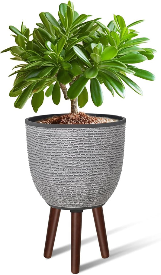 12 Inches Plant Pot with Stand, Large Decorative Standing Planters with Drainage Holes for Indoor Plants, Modern Gray Flower Pots with Legs-VerdiqueGarden