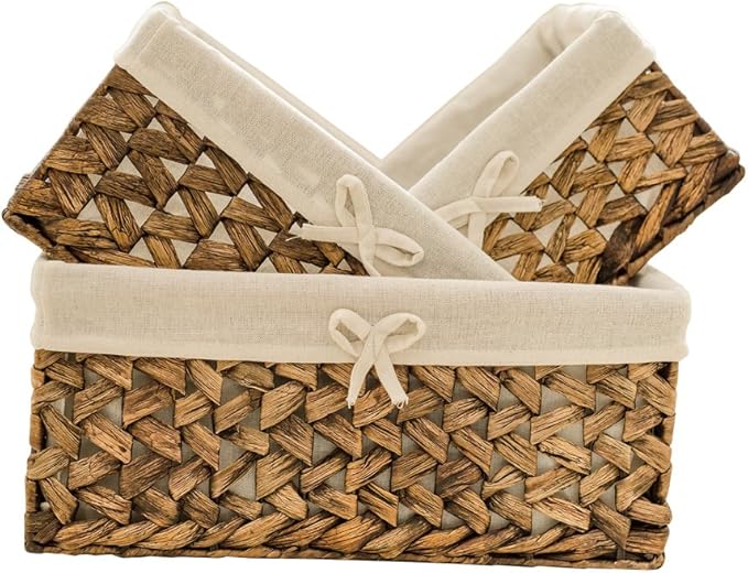 Rectangular Woven Seagrass Storage Bins with Handle,Kingwillow. (water hyacinth, Set of 3)-VerdiqueGarden