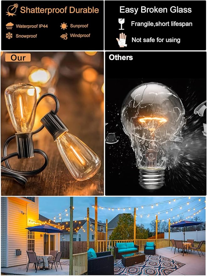 DAMAING Outdoor String Lights Weatherproof 400FT shatterproof connectable Patio Lights for Outside 4 Pack x 100FT with 208 Vintage dimmable LED Edison Bulbs,Hanging Lights for Garden,Balcony-VerdiqueGarden