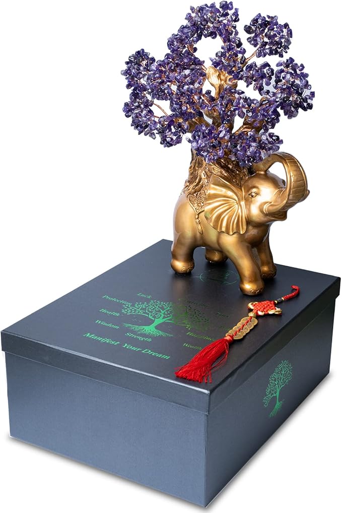 Amethyst Crystal Money Tree on Gold Elephant Statue, 17”Large Gemstone Bonsai Tree of Life Home Décor Gifts for Wealth Positive Energy, Feng Shui Décor-VerdiqueGarden