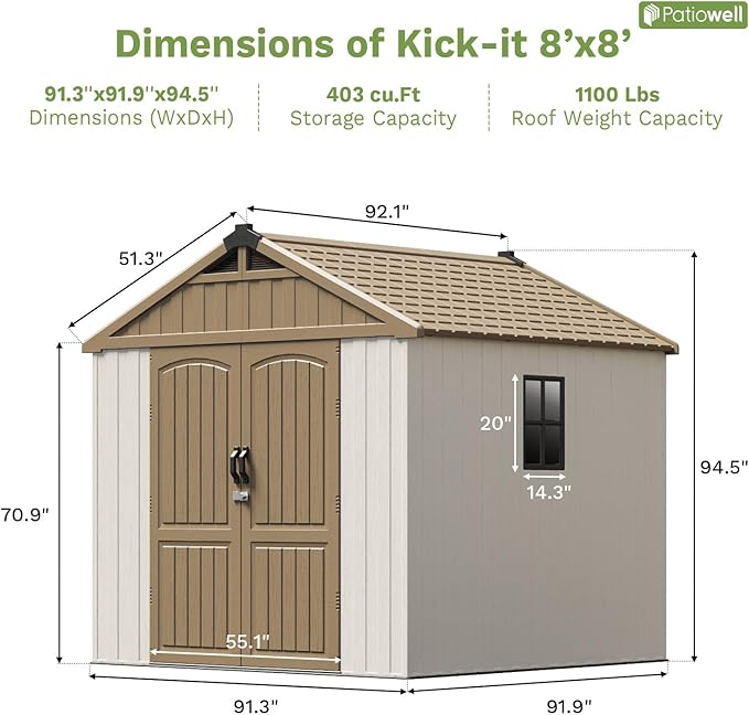 Patiowell 8 x 8 FT Plastic Outdoor Storage Shed with Floor, Resin Shed with Window and Lockable Door for Garden, Backyard, Tool Storage Use, Easy to Install in Brown (Kick-it Shed)-VerdiqueGarden