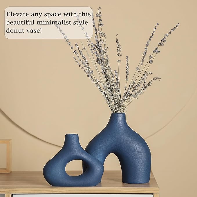CEMABT Blue Ceramic Vase Set of 2 for Modern Minimalist Bohemian Decor，Round Matte Donut Vases for Pampas Grass-Perfect for Living Room, Dining Table, Office Bedroom Shelf Decor Entryway, Console-VerdiqueGarden