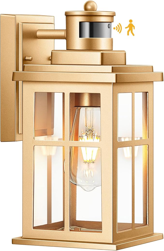 Motion Sensor Outside Lights for House, Modern Dusk to Dawn Outdoor Lighting, 2 Pack Gold Anti-Rust Outdoor Wall Lights with Transparent Glass, Waterproof Outdoor Porch Lights for House, Patio-VerdiqueGarden