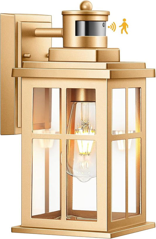 Motion Sensor Outside Lights for House, Modern Dusk to Dawn Outdoor Lighting, 2 Pack Gold Anti-Rust Outdoor Wall Lights with Transparent Glass, Waterproof Outdoor Porch Lights for House, Patio-VerdiqueGarden