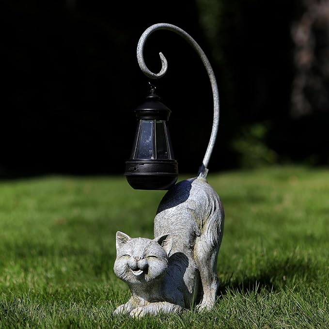 Laughing Cat Figurine with Solar-Powered LED Light, 15.7 Inches Tall Marble, Perfect for Gift Garden Decor or Housewarming for Cat Lovers.-VerdiqueGarden