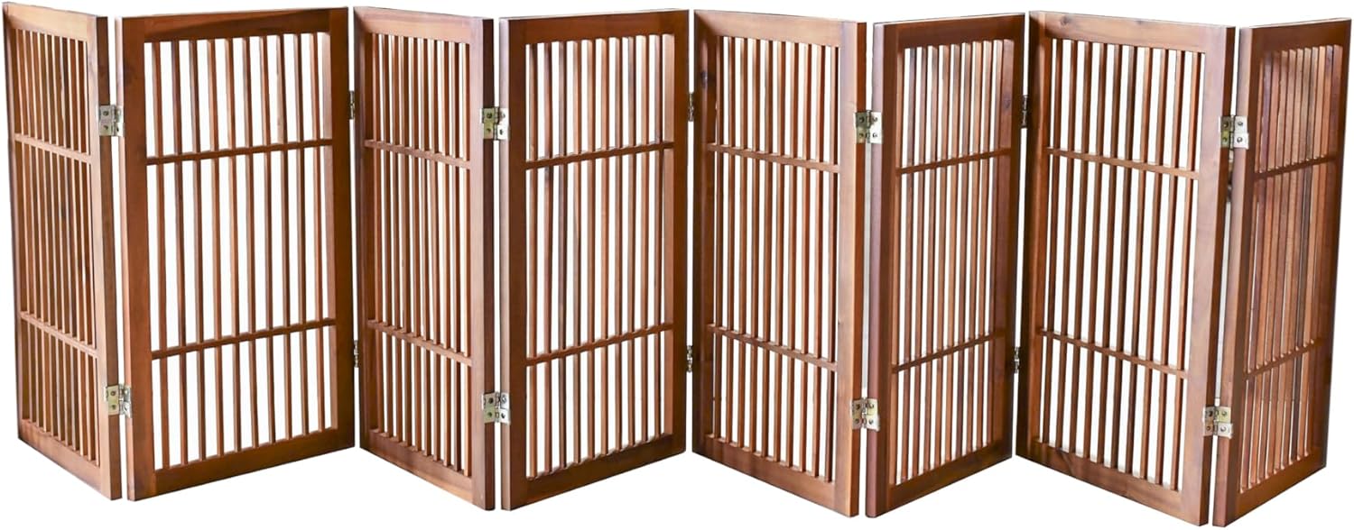 Pet Dog Gate Strong and Durable Freestanding Folding Acacia Hardwood Portable Wooden Fence Indoors or Outdoors by Urnporium (Brown Pet Gate, 8 Panel 30" Tall)-VerdiqueGarden