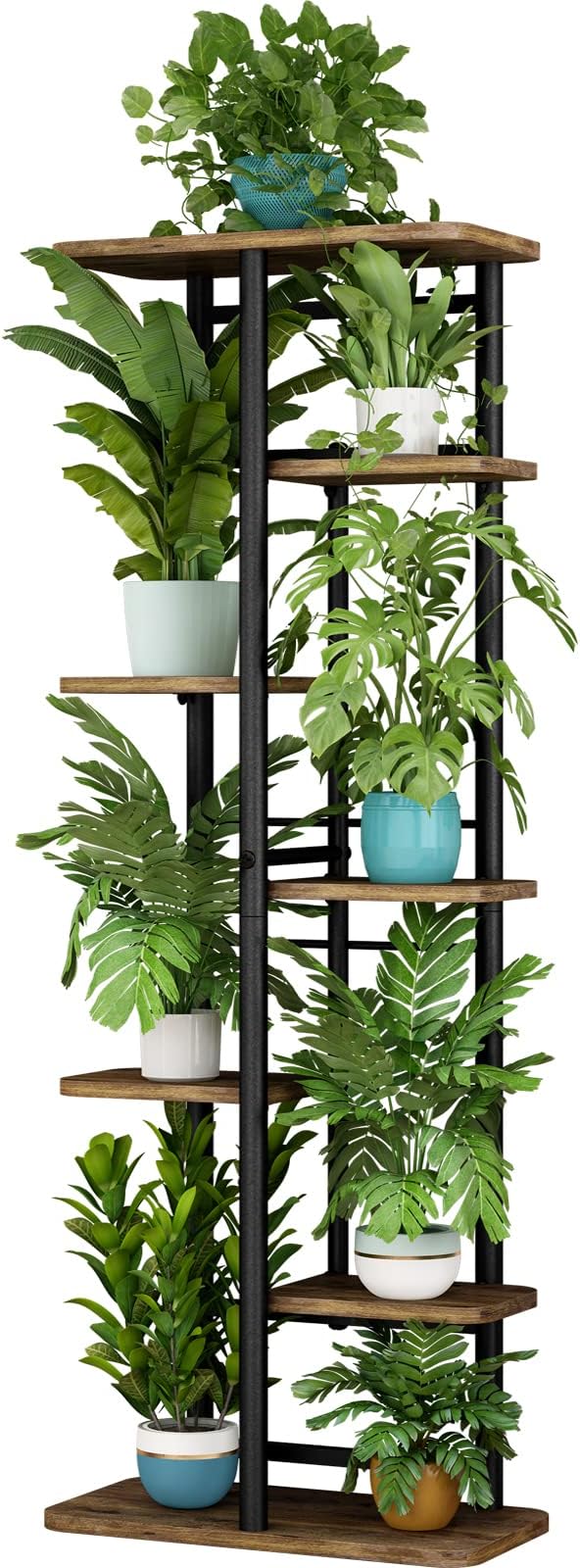 LINZINAR Plant Stand 7 Tier 8 Potted Multiple Flower Pot Holder Shelf Indoor Outdoor Planter Rack Storage Organizer for Patio Garden Corner Balcony Living Room (7 Tier-8 Potted, Black)-VerdiqueGarden