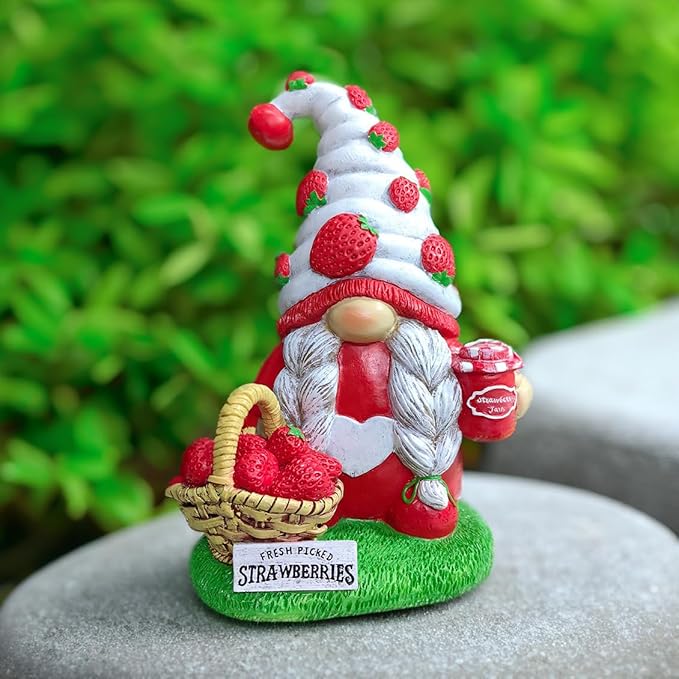 Spring & Summer-Themed Garden Statues – Adorable Outdoor Decor for Lawn, Patio & Porch (Charming Homestead Strawberry Gnome Garden Statue, 9.5" Farmhouse Style Unique Fruit Home Decor)-VerdiqueGarden