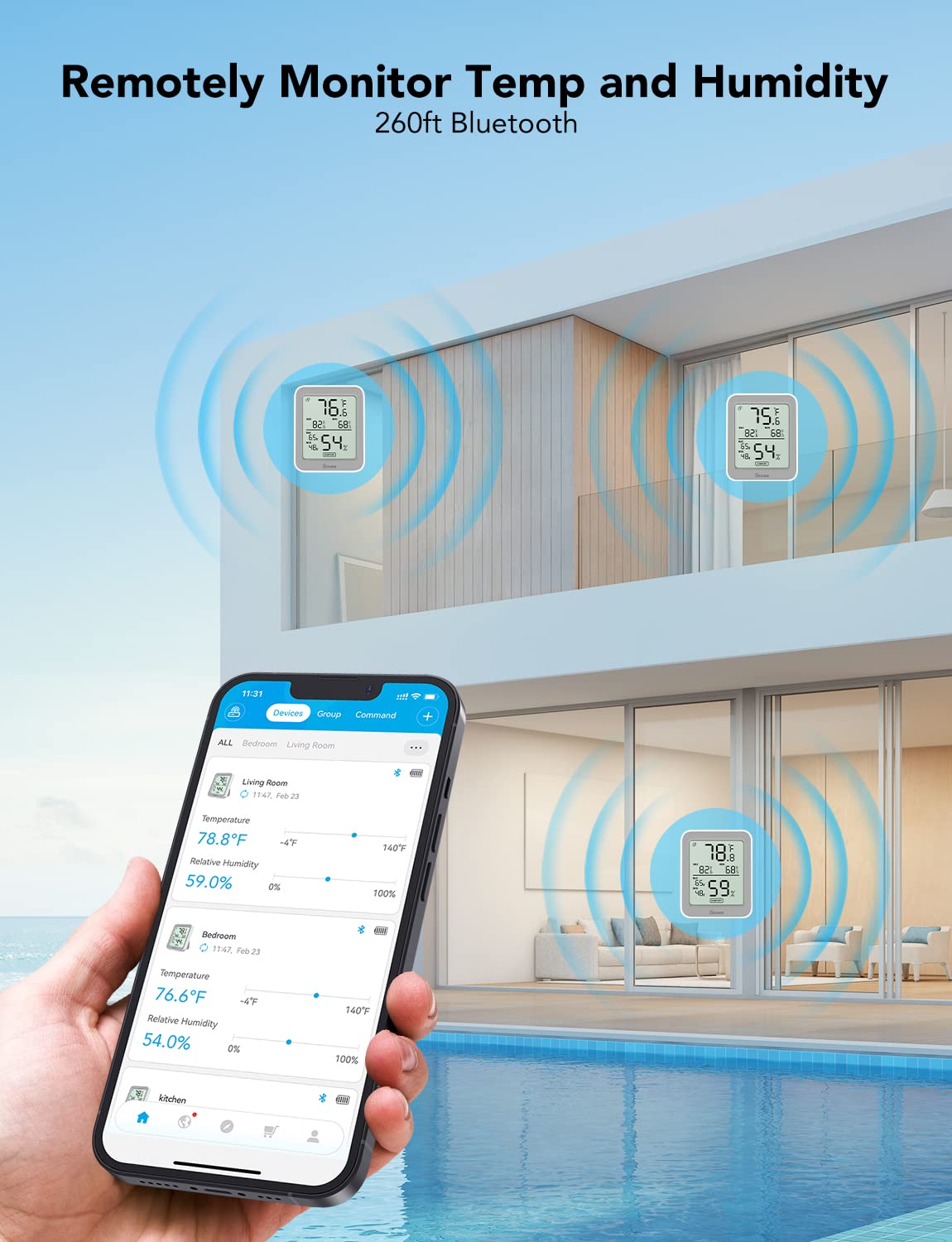 Govee Indoor Hygrometer Thermometer 3 Pack, Bluetooth Humidity Temperature Gauge with Large LCD Display, Notification Alert with Max Min Records, 2 Years Data Storage Export, Grey-VerdiqueGarden