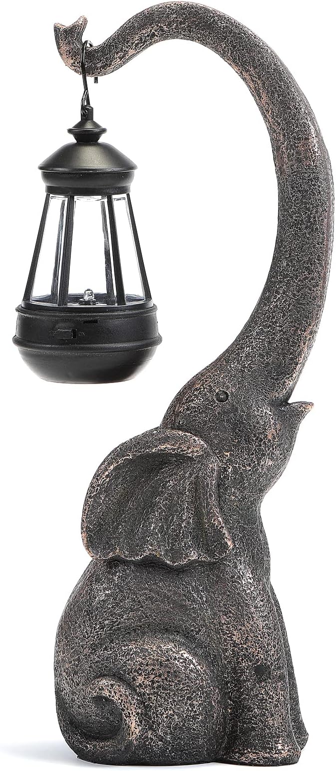 15" Outdoor Sculpture Figurine Statue Elephant Decorations Solar Garden Statues for Patio Home Yard Decor Good Luck Garden Elephant Birthday Gifts for Woman, Mom Family-VerdiqueGarden