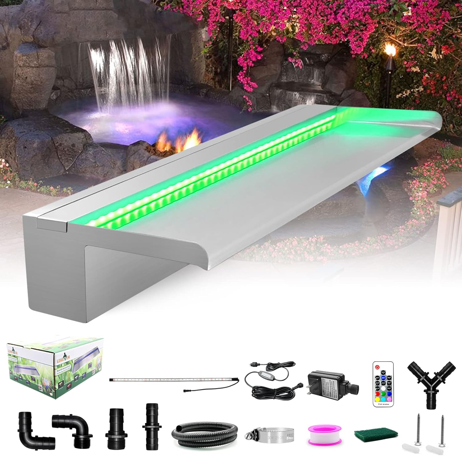 LONGRUN Pool Fountain Stainless Steel Outdoor Pond Spillway Waterfall with Wider Water Flow Platform Multi-Color LED Light Spray Indoor Waterfall Fountains for Garden-35.4" x 8" x 3.94"(W x D x H)-VerdiqueGarden