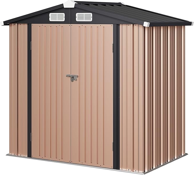 Aoxun 6'x4' Outdoor Storage Shed with Base Galvanized Steel Metal Garden Shed for Patio, Lawn & Garden(Brown, 6' x 4'W/Base)-VerdiqueGarden