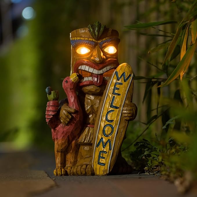 Welcome Tiki Statue with Surfboard Flamingo-Solar Outdoor Decor - Tiki Man with Automatic Switch On Flickering Eyes LED Light for Tiki Bar Decorations, Patio, Balcony, Yard,Lawn,Gifts-VerdiqueGarden