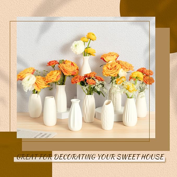 Small White Ceramic Vase Set of 10 - Mini Bud Vases for Flowers and Pampas Grass, Boho Centerpieces for Home and Party Decor, White Vases Home Decor, Ceramic Vase Set for Weddings-VerdiqueGarden