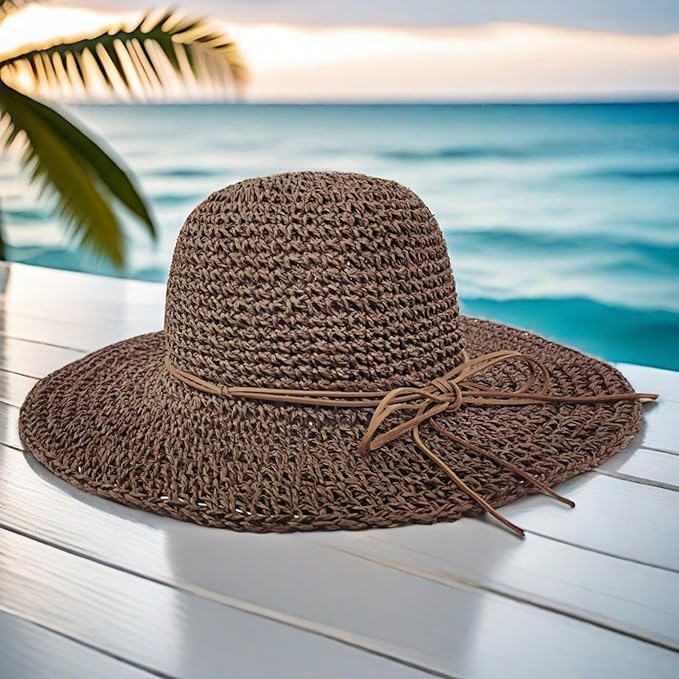 Womens Straw Beach Sun Hats, Foldable Packable Floppy Handmade Crochet Hats for Women,Large Summer Vacation Wide Brim Hat-VerdiqueGarden