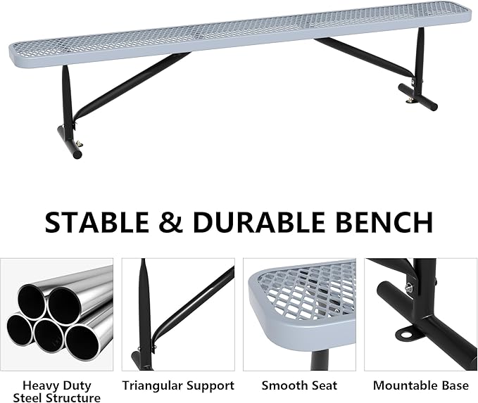 48" L Outdoor Steel Flat Bench, Heavy Duty Metal Park Bench for Outside, Expanded Metal, Commercial Benches Mesh Bench for Shopping Mall, Store, Lawn, Park, Patio, Deck, Garden (Grey, 8FT)-VerdiqueGarden