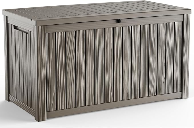 150 Gallon Outdoor Deck Box,Storage Lockable Waterproof Patio Furniture,Garden Tools,Cushions,Pool Accessories Outside Storage Resin Box(Grey)-VerdiqueGarden