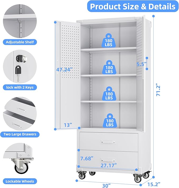Upgraded Metal Garage Storage Cabinet with Wheels and 2 Drawers, Rolling Tool Cabinet with 3 Shelves and Pegboard Behind The Door for Home Office Garage,Assembly Required,White-VerdiqueGarden
