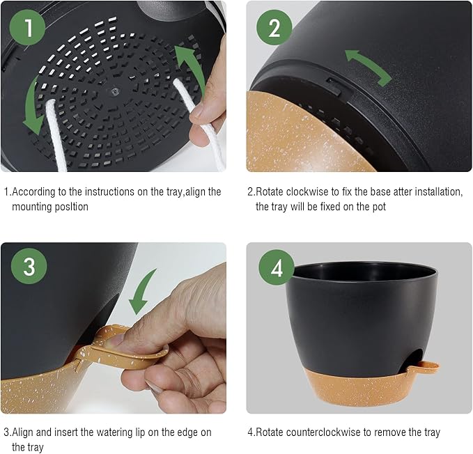 12 inch Large Self Watering Pots, Plastic Planters with 60oZ Removable Deep Reservoir and Multi Mesh Drainage Holes for Indoor Outdoor Garden Plants and Flowers, Black with Brown-VerdiqueGarden