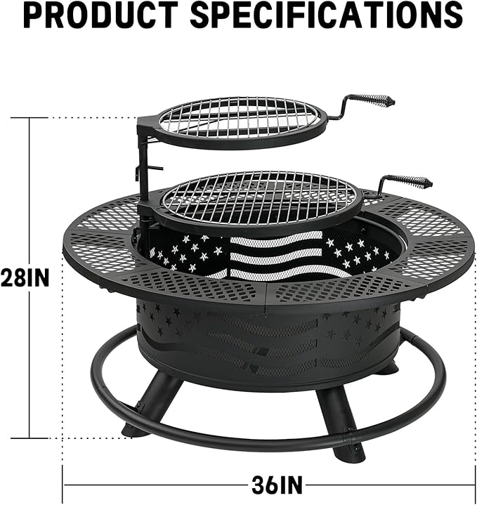 36 Inch Fire Pit with 2 Cooking Grates, Outdoor Wood Burning BBQ Grill Firepit Bowl with Cover Lid, Steel Round Table for Backyard Bonfire Patio Picnic (Black, 36IN)-VerdiqueGarden