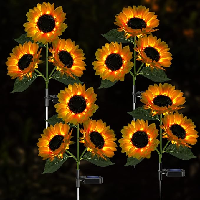 Solar Sunflower Lights, 800mA Solar Garden Light with Real Looking Flowers Outdoor Waterproof Solar Stake Lights for Back Yard, Flower Bed, Pathway, Patio, Porch, Spring Decoration (2 Pack)-VerdiqueGarden