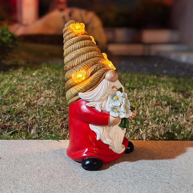 Outdoor Garden Gnomes Statue, Bee Flower Gnome Sculpture, with Solar LED Lights for Yard, Patio, Lawn Ornaments for Garden, Patio Gnome Gifts for Mom-VerdiqueGarden