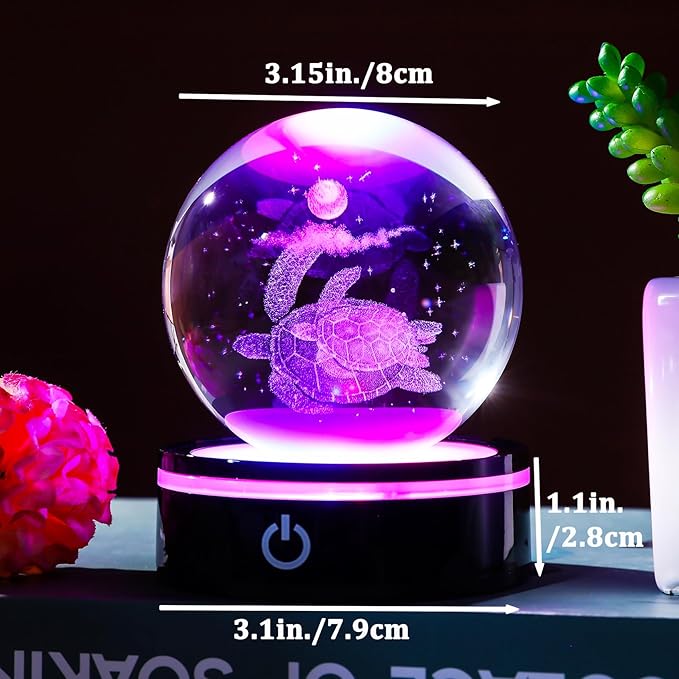 YWHL 3D Sea Turtle Crystal Ball Figurine with LED Base Laser Sea Turtle Gifts for Women Men on Christmas Birthday Decorative Turtle Ball Sea Turtle Glass Globe Night Light for Home Decor (80mm)-VerdiqueGarden