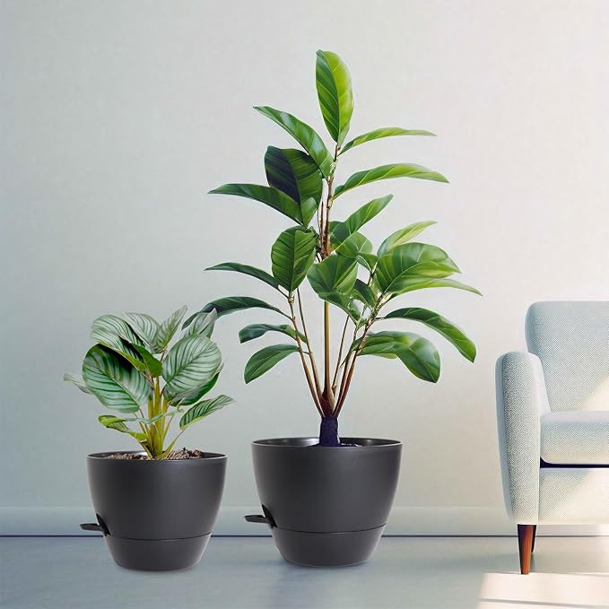 10/9/8 inch Medium Self Watering Pots, Plant Pots with Mesh Drainage Holes for Indoor Outdoor Garden Plants, Flower Pots with Removable Deep Reservoir, Set of 3 Plastic Planters, Black-VerdiqueGarden