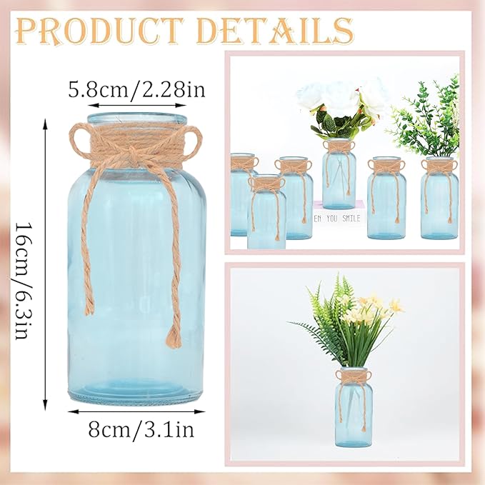 Vintage Glass Flower Vase，6 Pack Blue Farmhouse Glass Centerpiece Vases Mason Jars for Weddings, Parties & Home Decor Bulk (6, Blue)-VerdiqueGarden