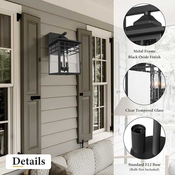 Outdoor Light Fixture Wall Mount, Black Exterior Light Fixture Wall Sconces with Seeded Glass for Front Porch, Large Waterproof Outdoor Square Wall Lantern Outside for House Doorway-VerdiqueGarden
