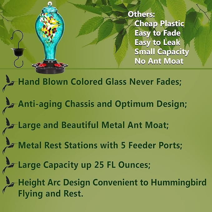 LUJII Hummingbird Feeder for Outdoors, Hand Blown Glass Humming Bird Feeder, Anti Fade Leakproof with 25 Ounces Nectar Capacity, Easy to Install Clean Refill, Include Hook & Ant Moat (Teal)-VerdiqueGarden