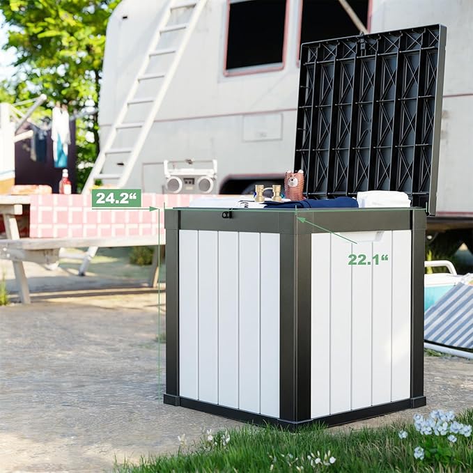 DRATO 50 Gallon Deck Box, Outdoor Storage Box for Patio Cushion, Sports Equipment, Garden Tools, Waterproof Patio Storage box, Lockable (Black and White)-VerdiqueGarden