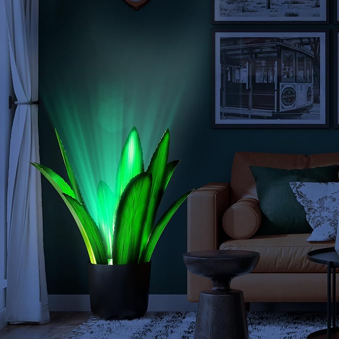 Upgraded Large Metal Yard Art, Metal Agave Plant Yard Decorations Outdoor Sculpture, Metal Flowers for Outside, Waterproof Outdoor Garden Decor (Green (W/Solar Light))-VerdiqueGarden