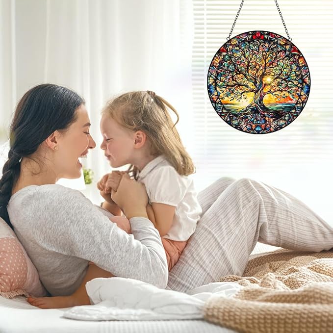 Tree of Life Sun Catcher Stained Glass Window Hanging - Handmade Suncatchers for Windows Hanging Stained Glass Suncatcher - Sun Catchers Indoor Window Wall Home Decor Glass Panel Gift for Women Men-VerdiqueGarden