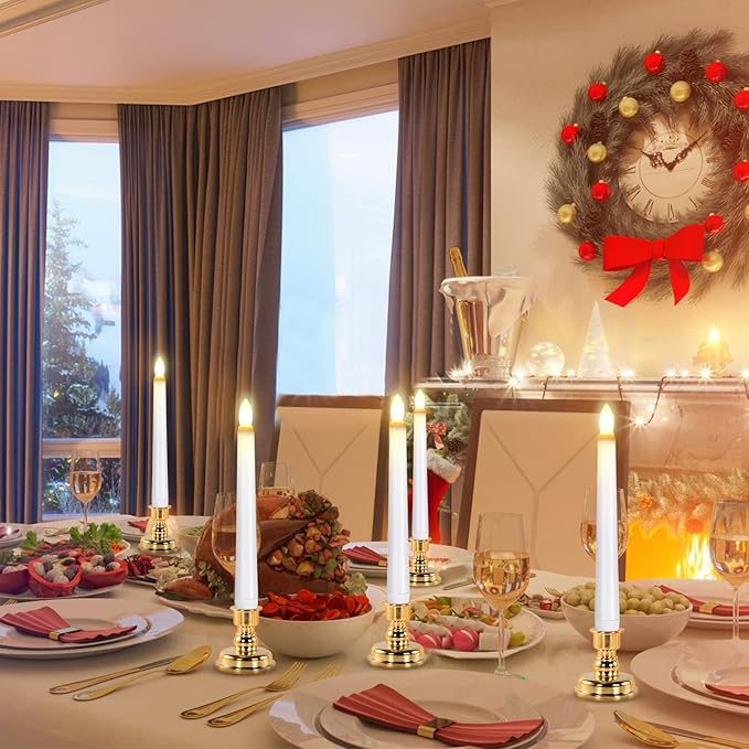 JOSU LED Window Candles, Christmas Flameless Window Candle Lights with Timer Battery Operated, 4 3D Wick Light Candle+4 Removable Gold Candleholders+Remote, for Decor &Festival Celebration-VerdiqueGarden