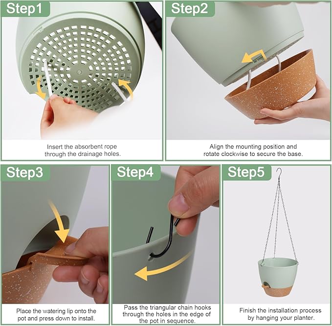 10/9/8 Inch Hanging Planter for Indoor Outdoor Plants, 3 Pack Self-Watering Hanging Pot with Drainage Holes Hanging Planter Baskets Plant Pots with Removable Tray (Green+Brown)-VerdiqueGarden