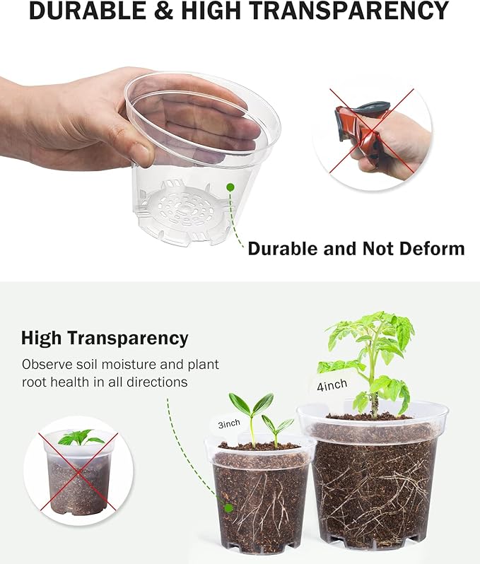 homenote Clear Nursery Pots for Plants,3 Inch Plant Pot for Planting Plastic Seedling with Drainage Holes Seed Starter Flower High Transparency with 20 Labels (60 Pack)-VerdiqueGarden