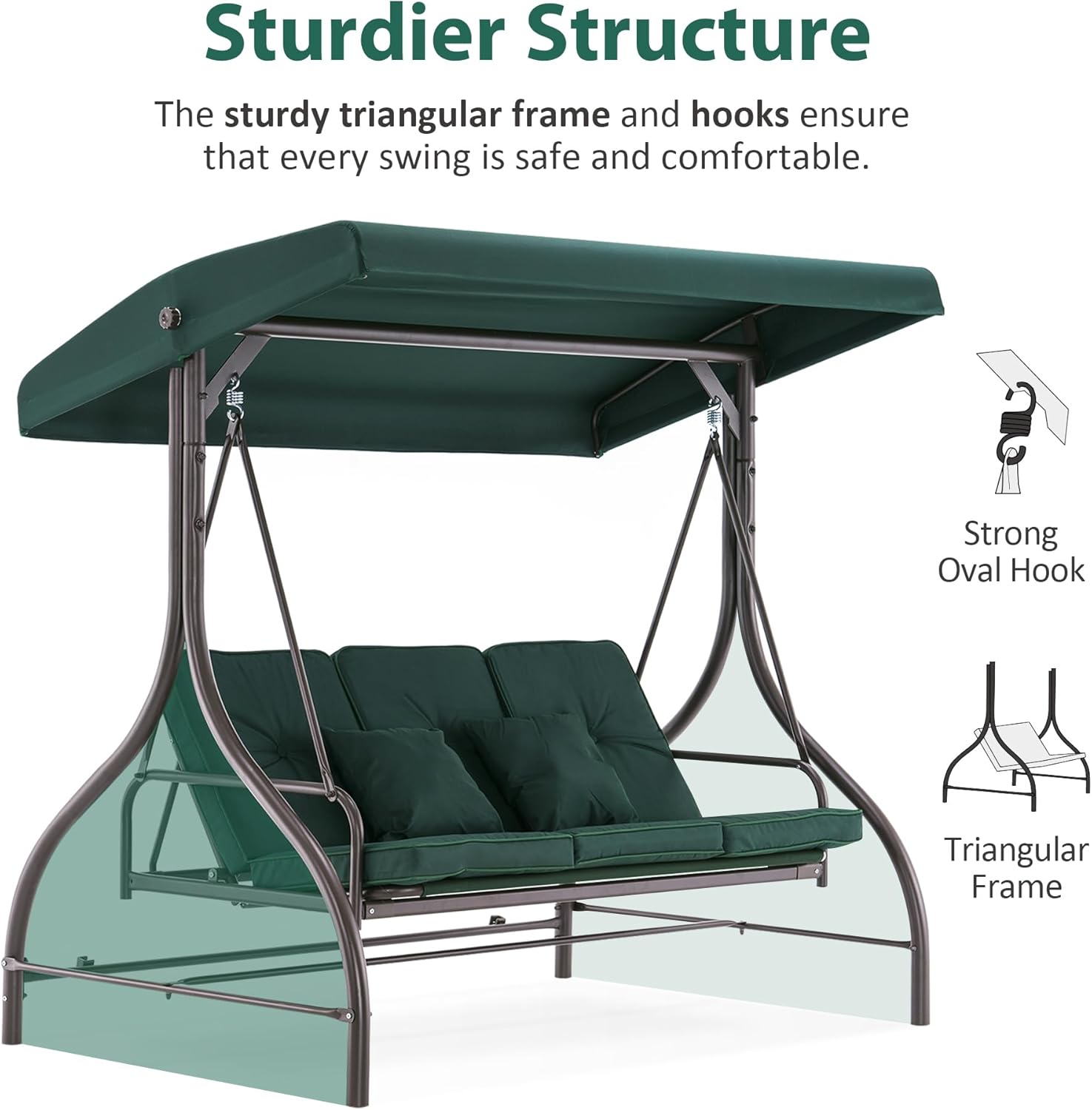 MCombo 3-Seat Outdoor Patio Swing Chair, 2-in-1 Convertible Porch Swing Glider Chair with Removable Cushions, Adjustable Canopy & Pillows for Backyard, Deck, Garden, 4068 (Green)-VerdiqueGarden